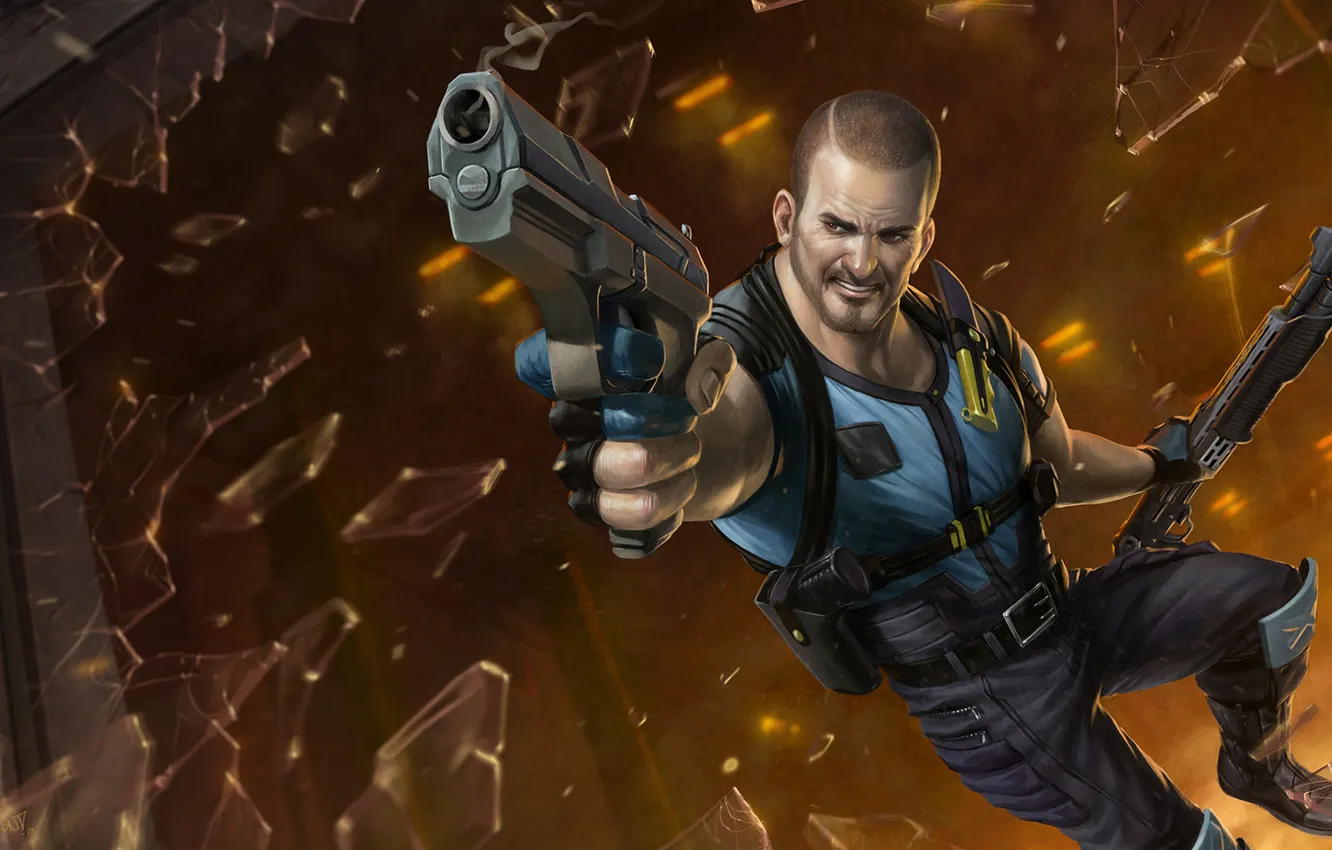 Photo wallpaper fragments, weapons, jump, shot, male