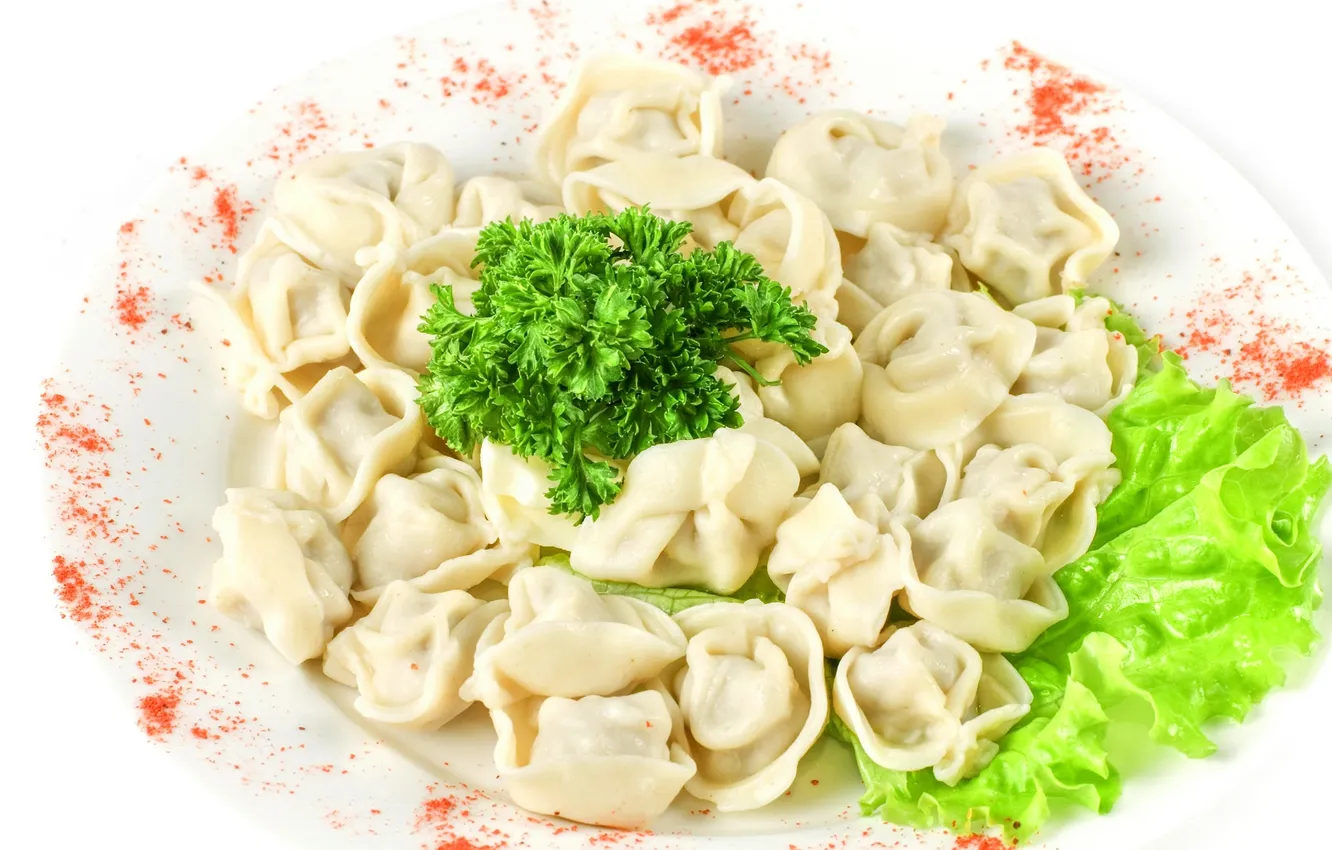 Photo wallpaper greens, plate, salad, dumplings, garnish, red pepper, meat dumplings, garnish