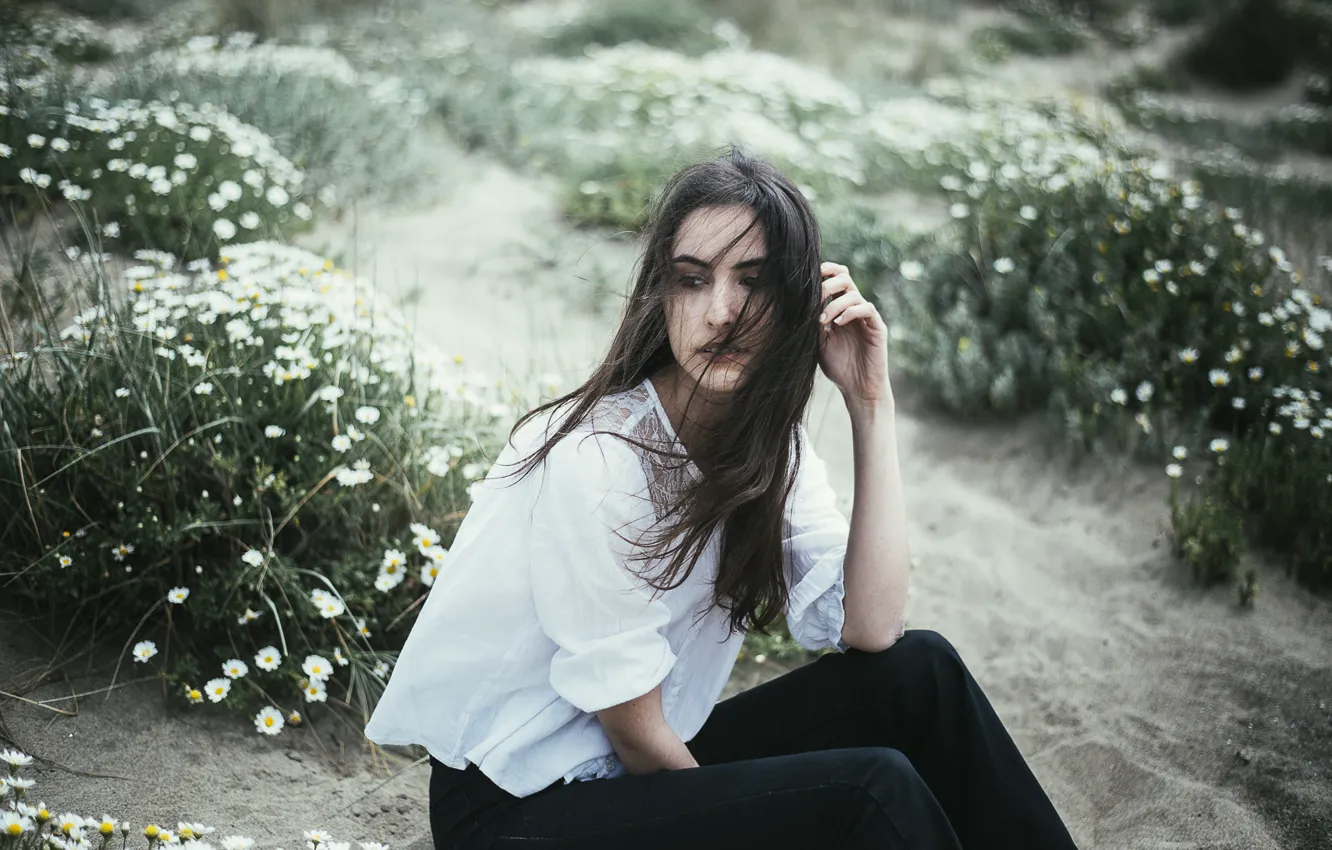 Photo wallpaper pose, the wind, brunette, sitting