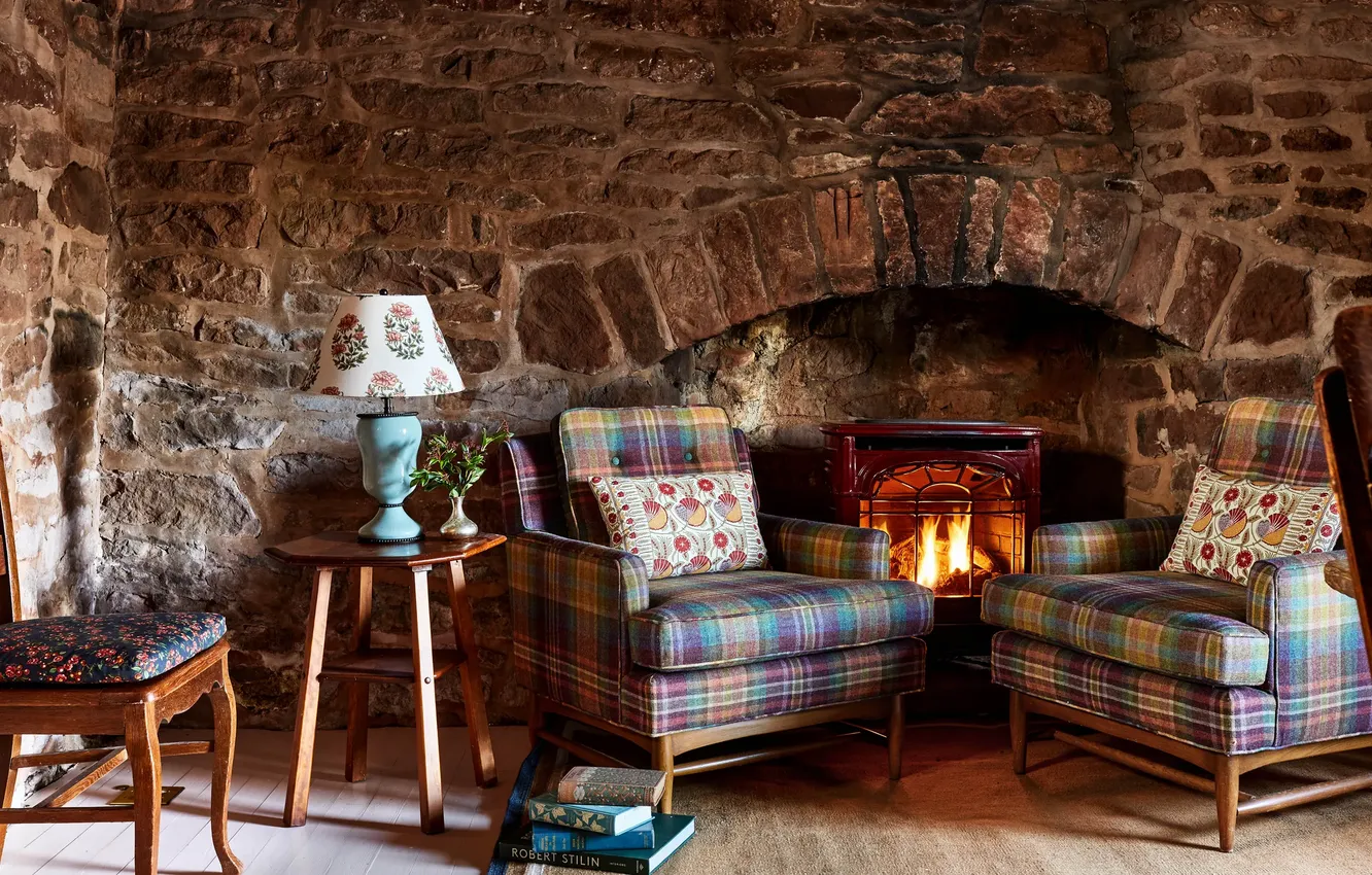 Photo wallpaper design, lamp, interior, chair, chair, book, fireplace, living room