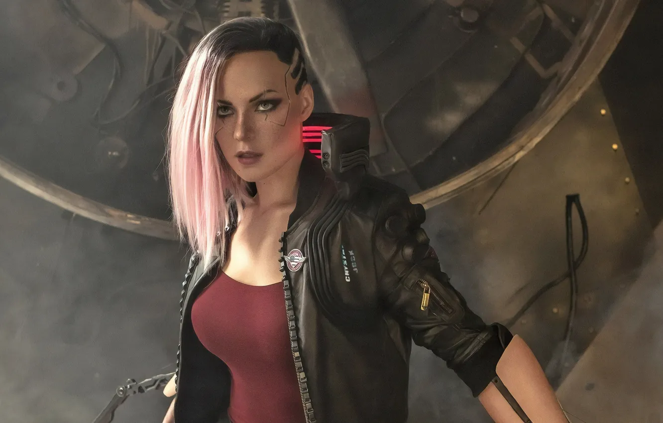 Photo wallpaper look, Girl, cyborg, Cyberpunk 2077, Woman Warrior, Pink Hair