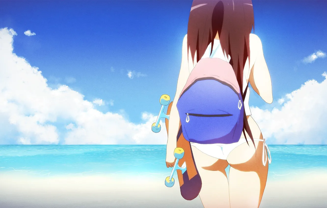 Photo wallpaper sea, clouds, horizon, girl, bikini, backpack, vacation, skate