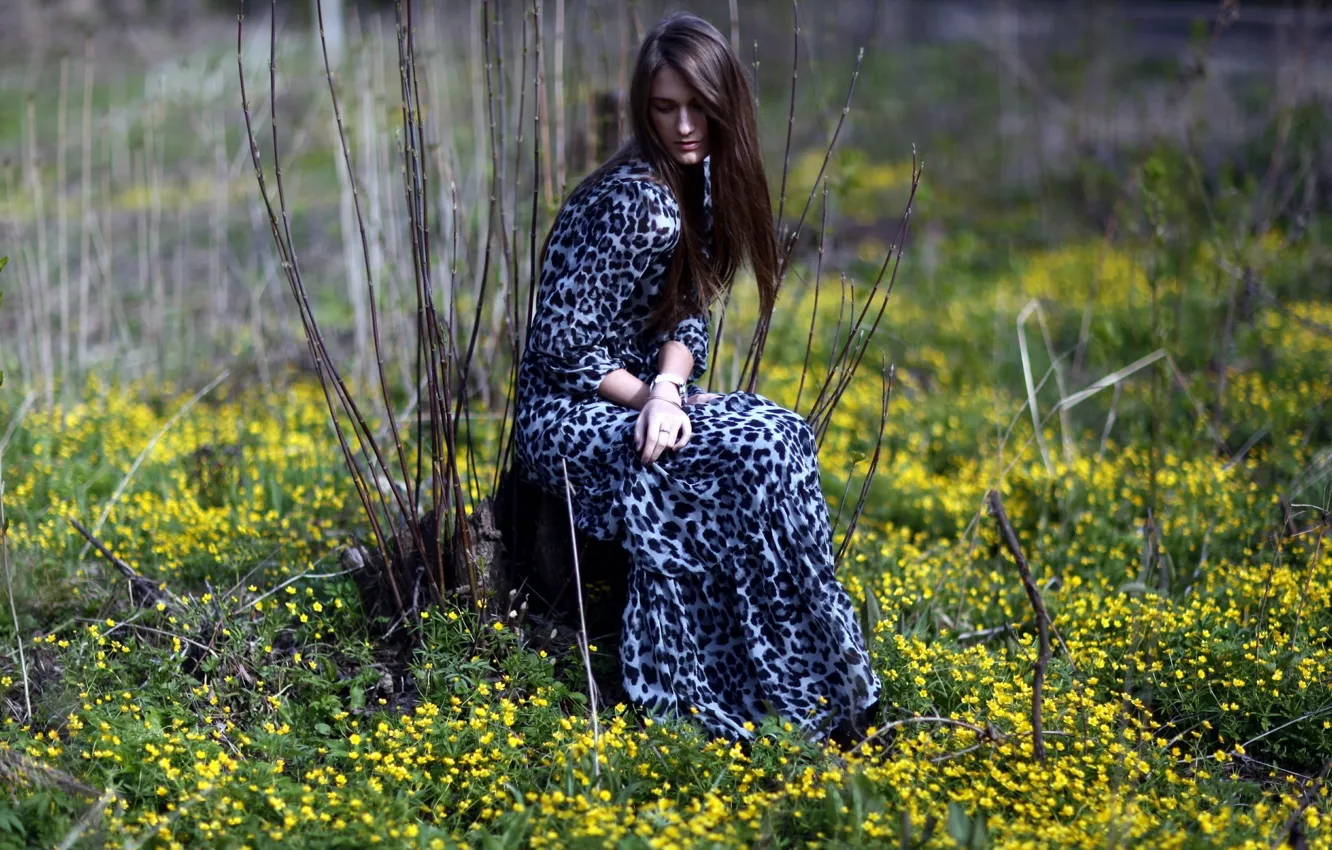 Photo wallpaper forest, flowers, pose, Girl, dress