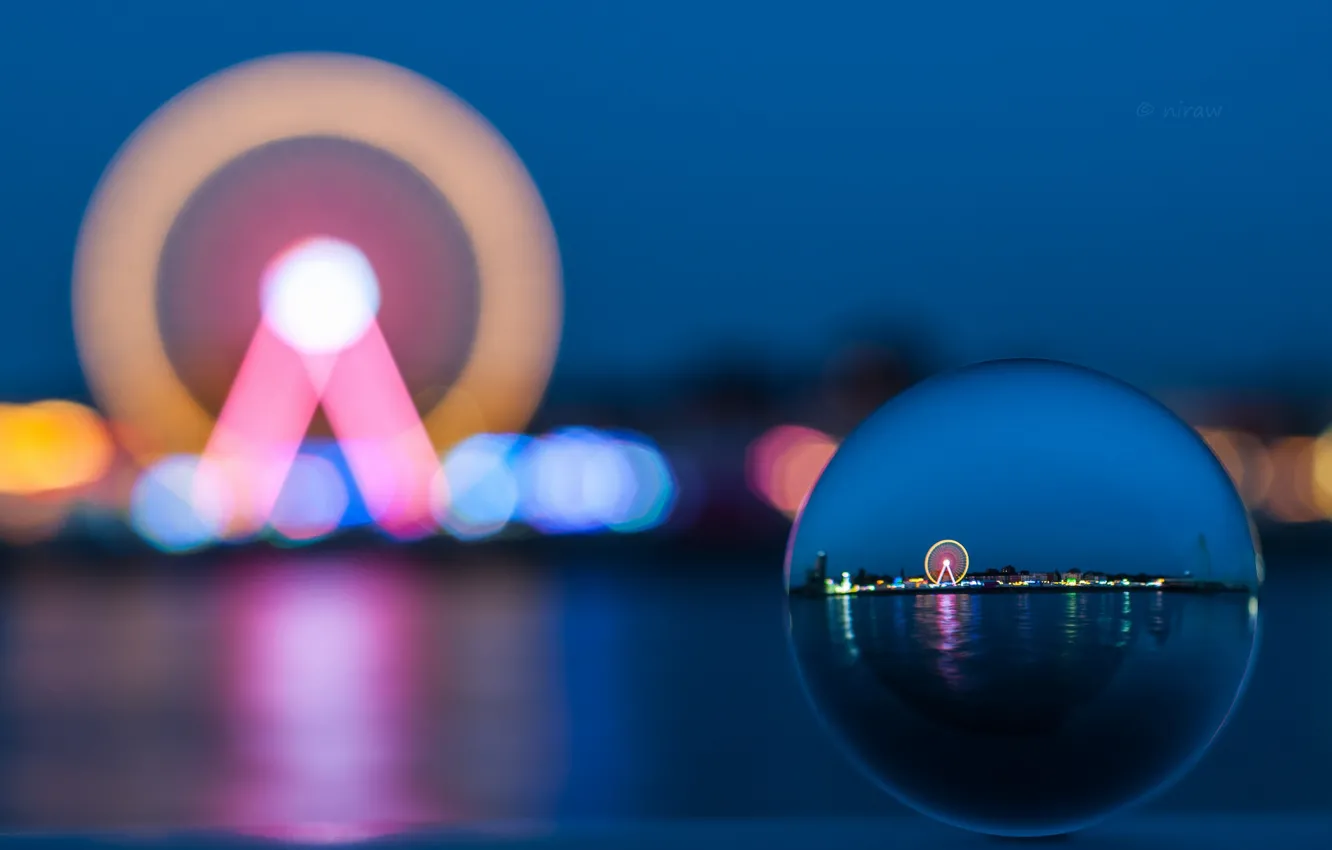Photo wallpaper lights, blue, evening, Ferris Wheel, Blurring