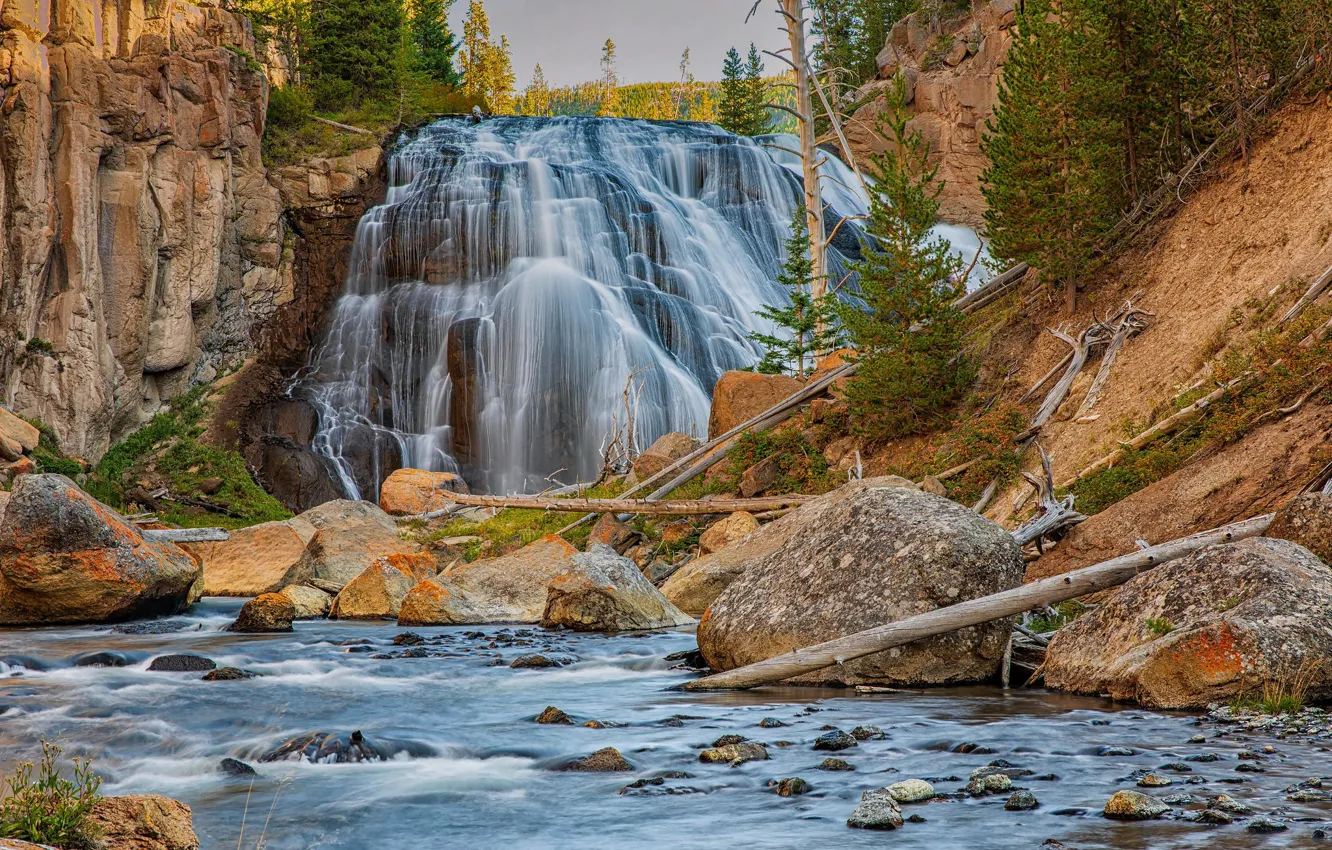 Photo wallpaper trees, river, stones, rocks, waterfall, ate, Wyoming, Yellowstone