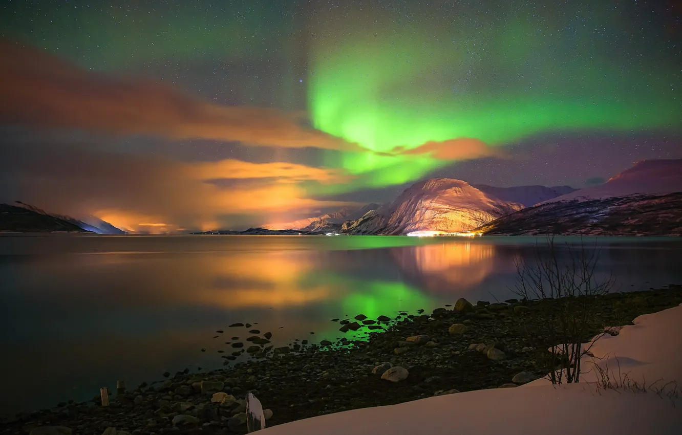 Photo wallpaper winter, the sky, stars, light, mountains, night, lights, stones
