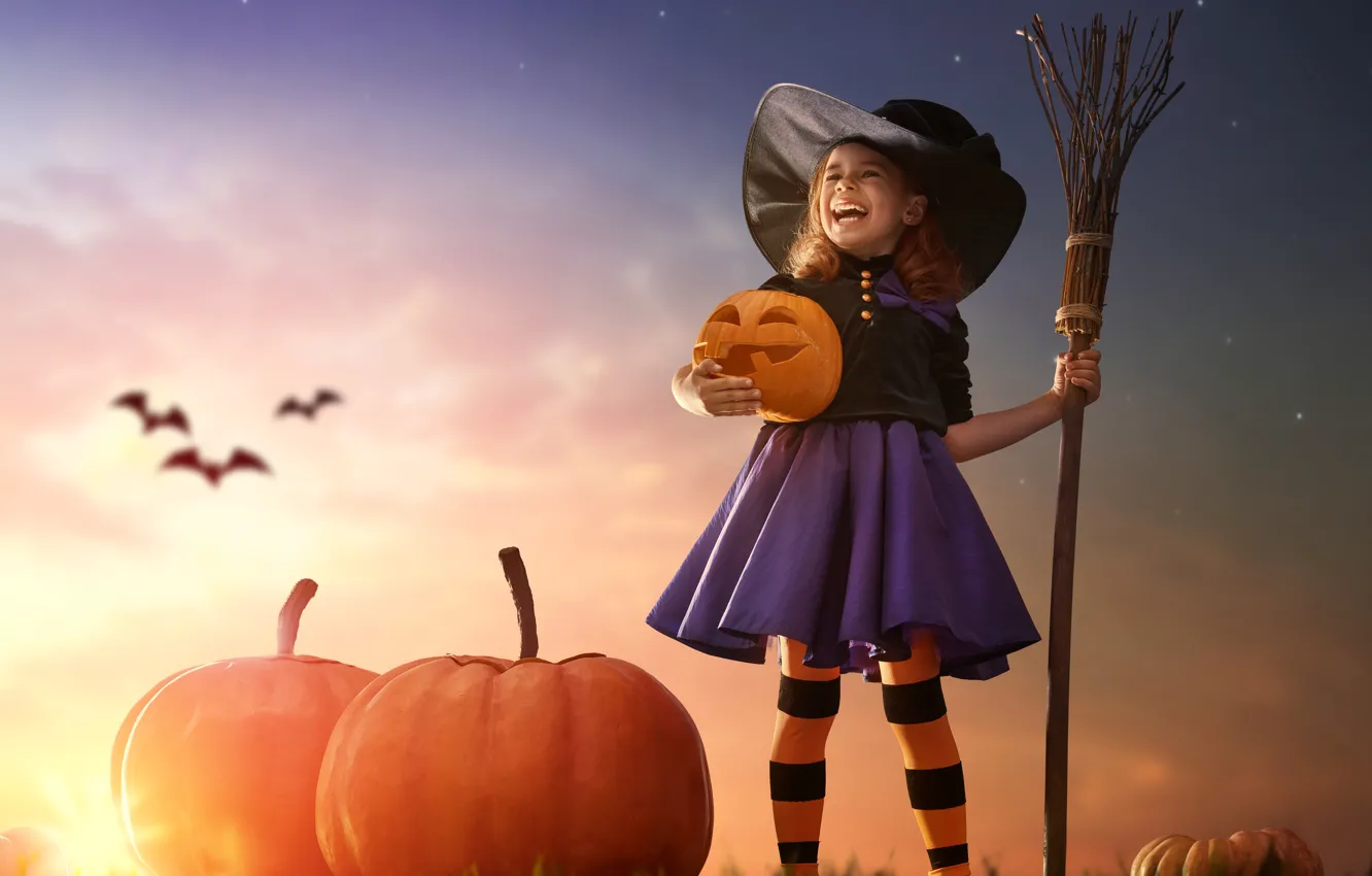Photo wallpaper sunset, hat, girl, Halloween, pumpkin, bat, girl, Halloween