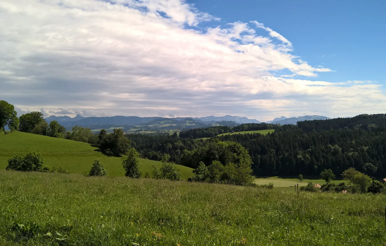 Photo wallpaper sky, trees, mountains, clouds, hill, switzerland, sunny, aegerten