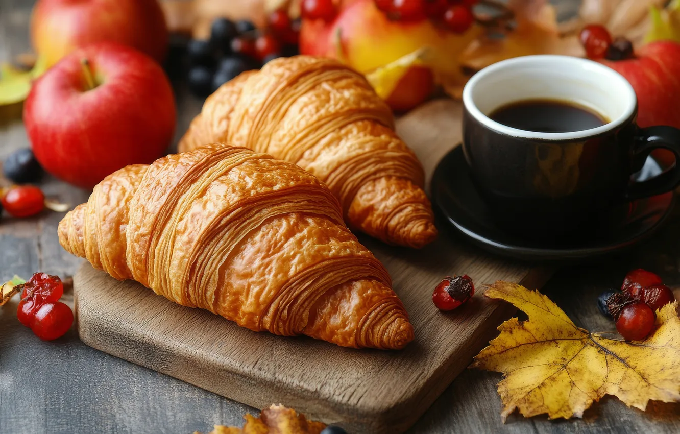 Photo wallpaper autumn, leaves, table, apples, coffee, grapes, Cup, fruit