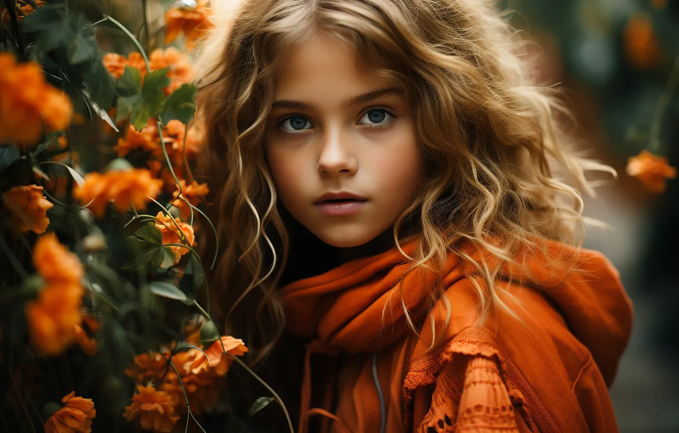 Photo wallpaper autumn, look, flowers, portrait, girl, AI art, neural network
