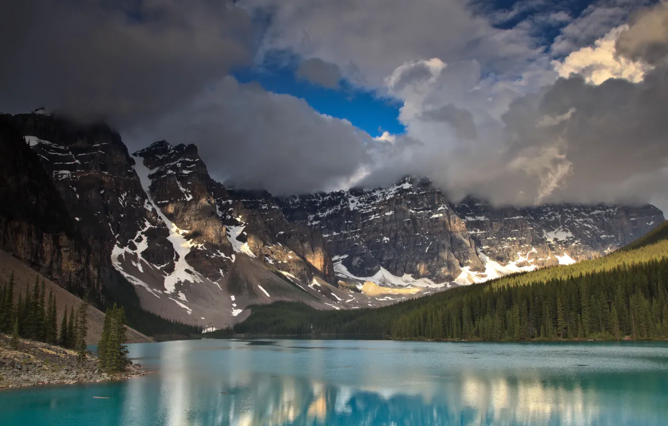 Photo wallpaper forest, the sky, clouds, mountains, river, Canada, blue water