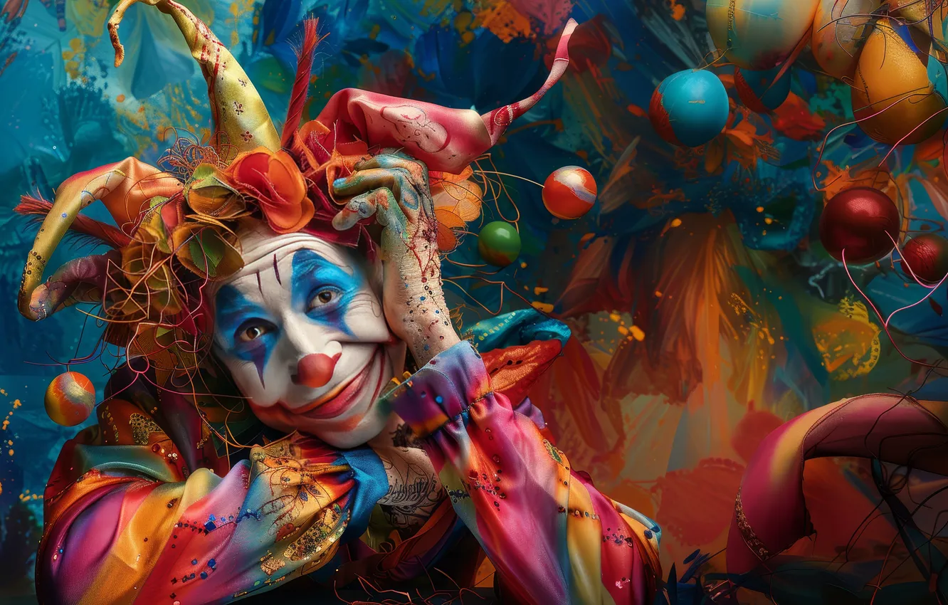 Photo wallpaper look, balls, smile, mood, paint, clown, neural network