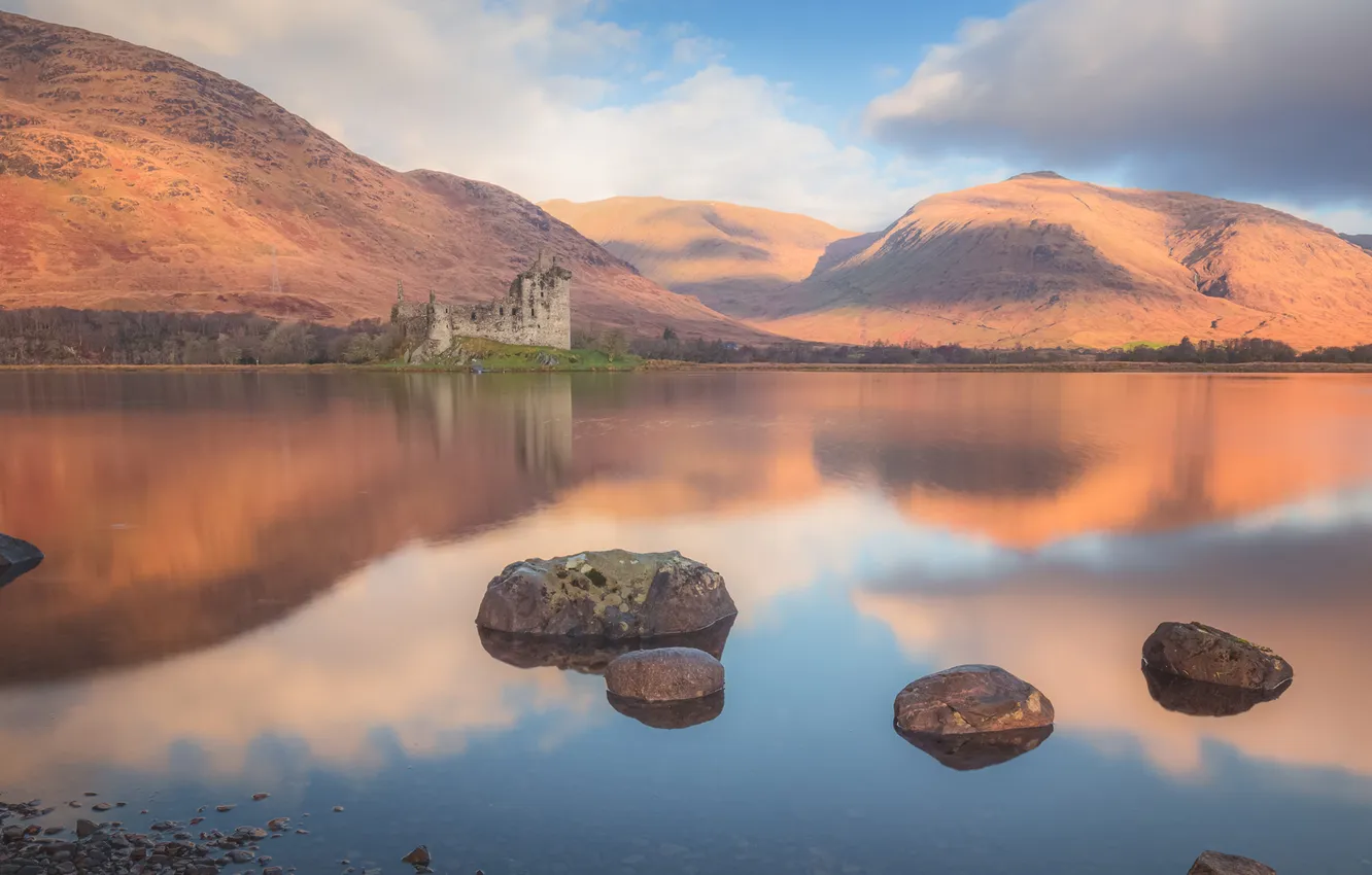 Photo wallpaper landscape, mountains, lake, ruins, castle