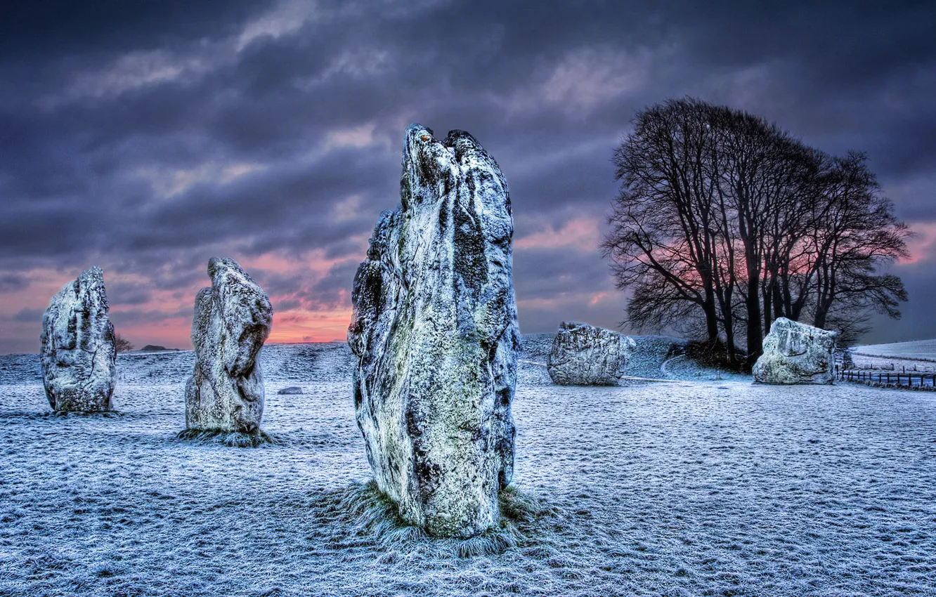 Photo wallpaper winter, field, the sky, sunset, clouds, stones, tree, Megalit