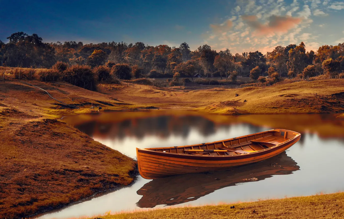 Photo wallpaper river, boat, treatment