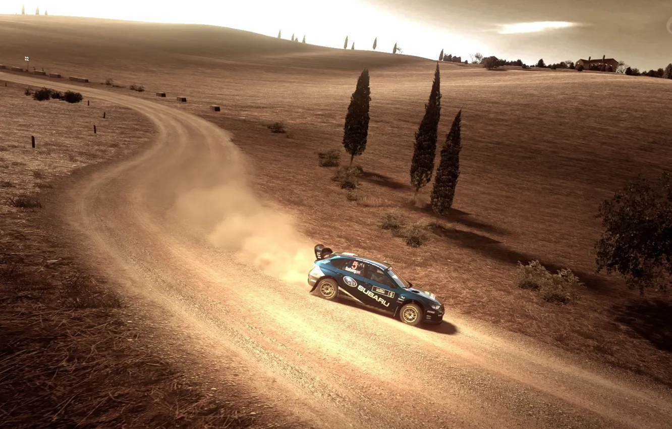 Photo wallpaper road, the game, dust, game, gran turismo 5, subaru, road, rally