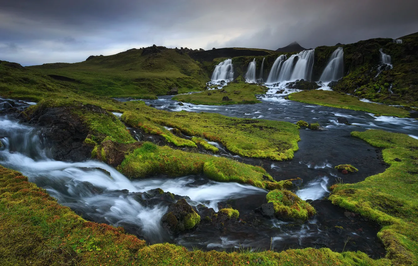 Photo wallpaper greens, river, hills, for, stream, waterfalls, Iceland