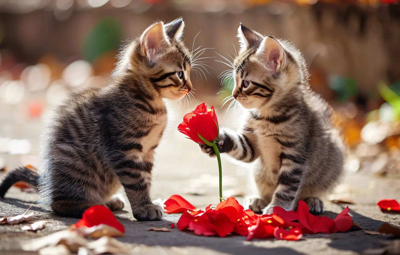 Photo wallpaper flower, look, love, cats, pose, kitty, gift, rose