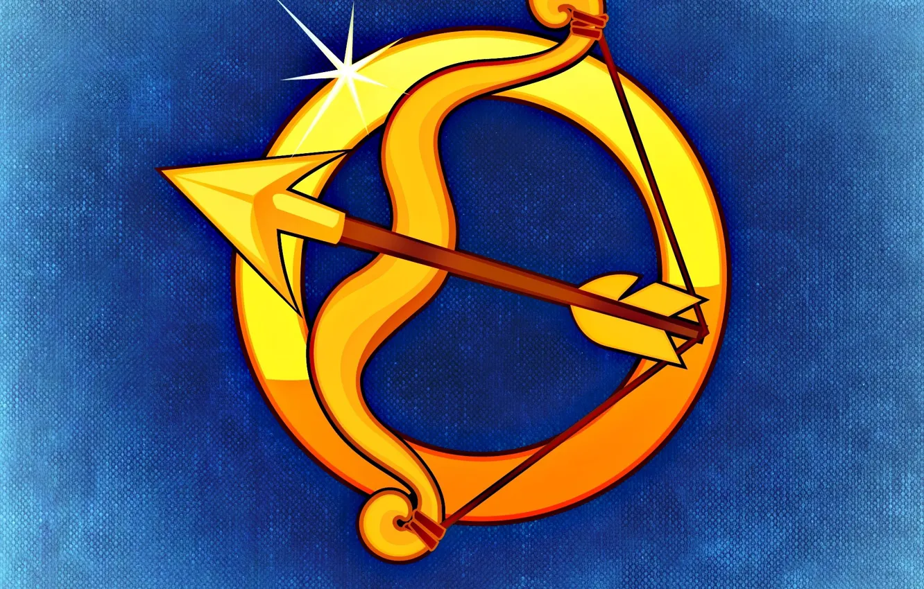 Photo wallpaper yellow, figure, graphics, symbol, Sagittarius, blue background, the signs of the zodiac, symbols