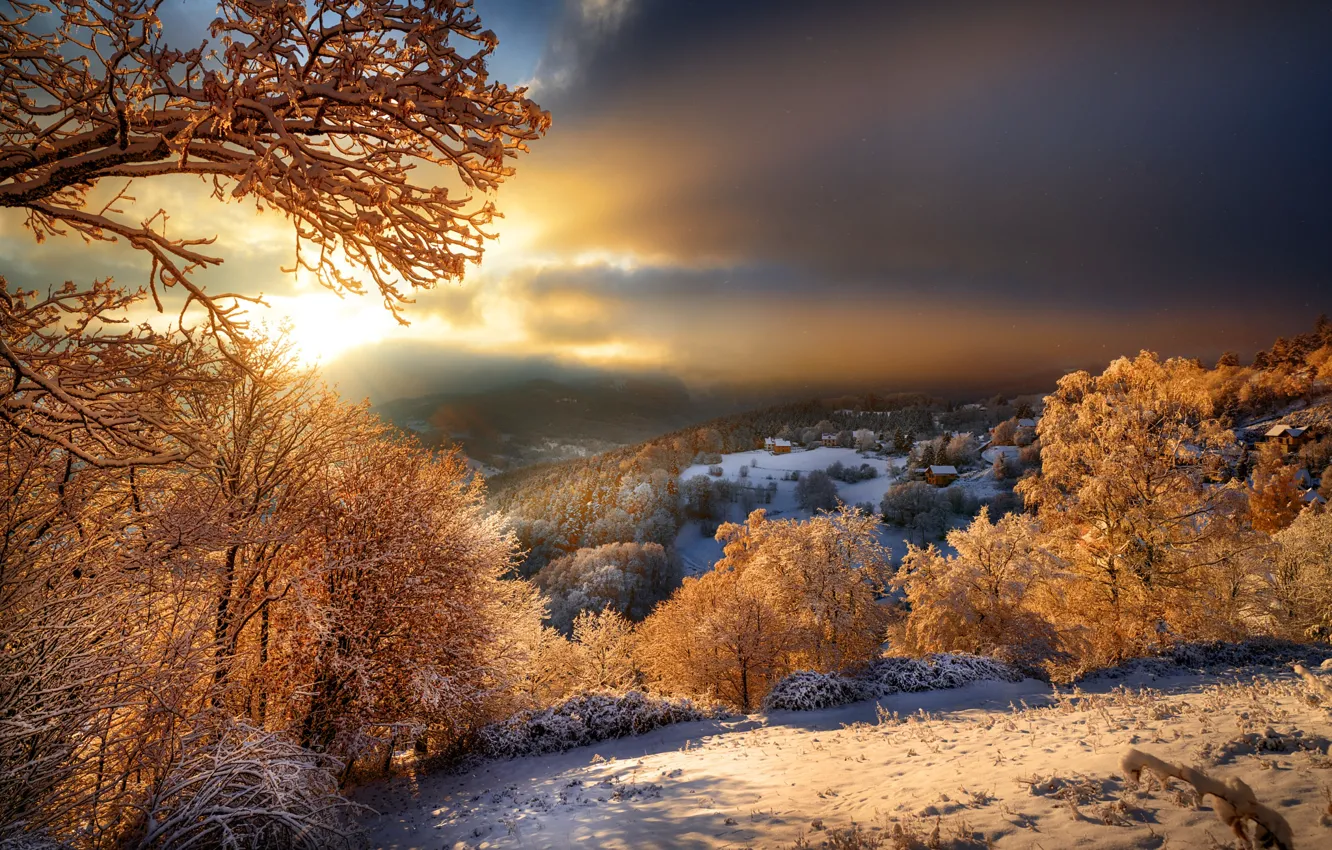 Photo wallpaper shadow, house, slope, mountains, winter, snowy, haze, field