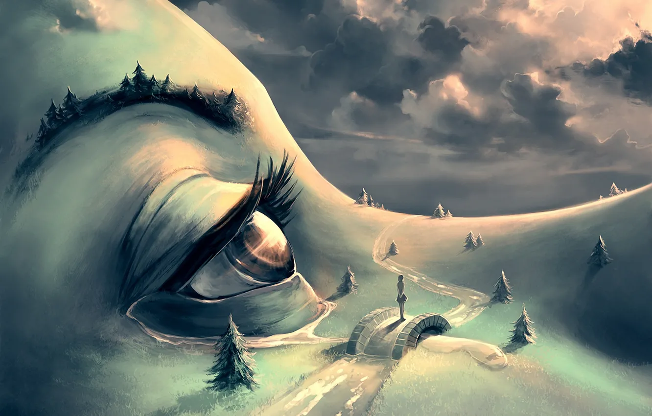 Photo wallpaper winter, road, eyes, clouds, bridge, face, creative, people