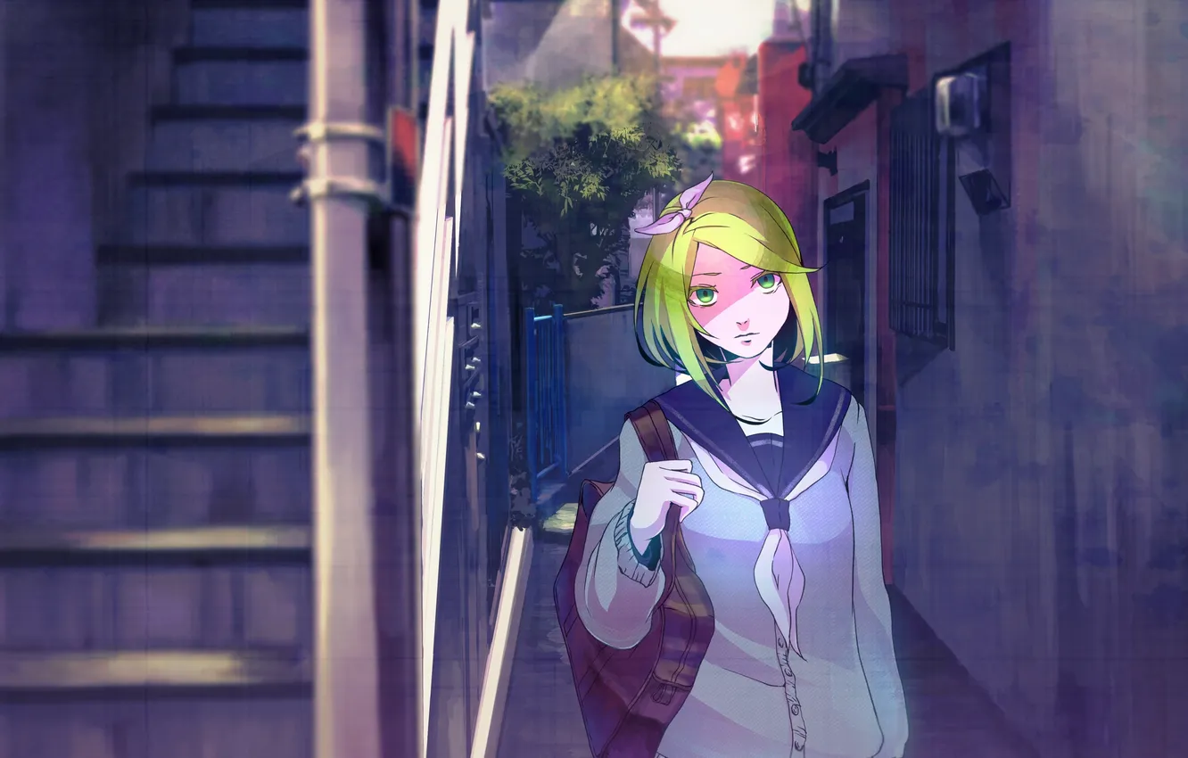 Photo wallpaper girl, trees, the city, home, art, ladder, schoolgirl, bag