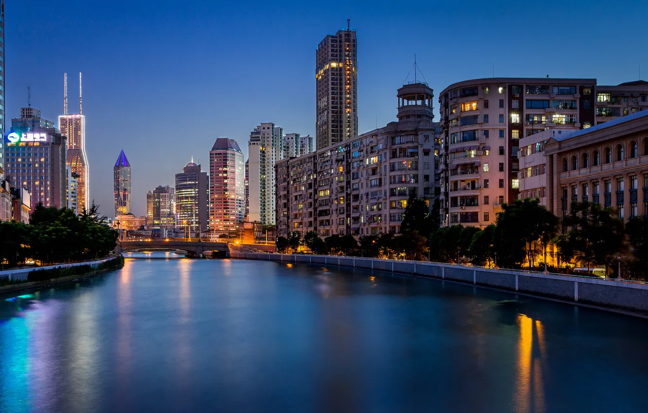 Photo wallpaper bridge, China, building, China, Shanghai, Shanghai, night city, promenade