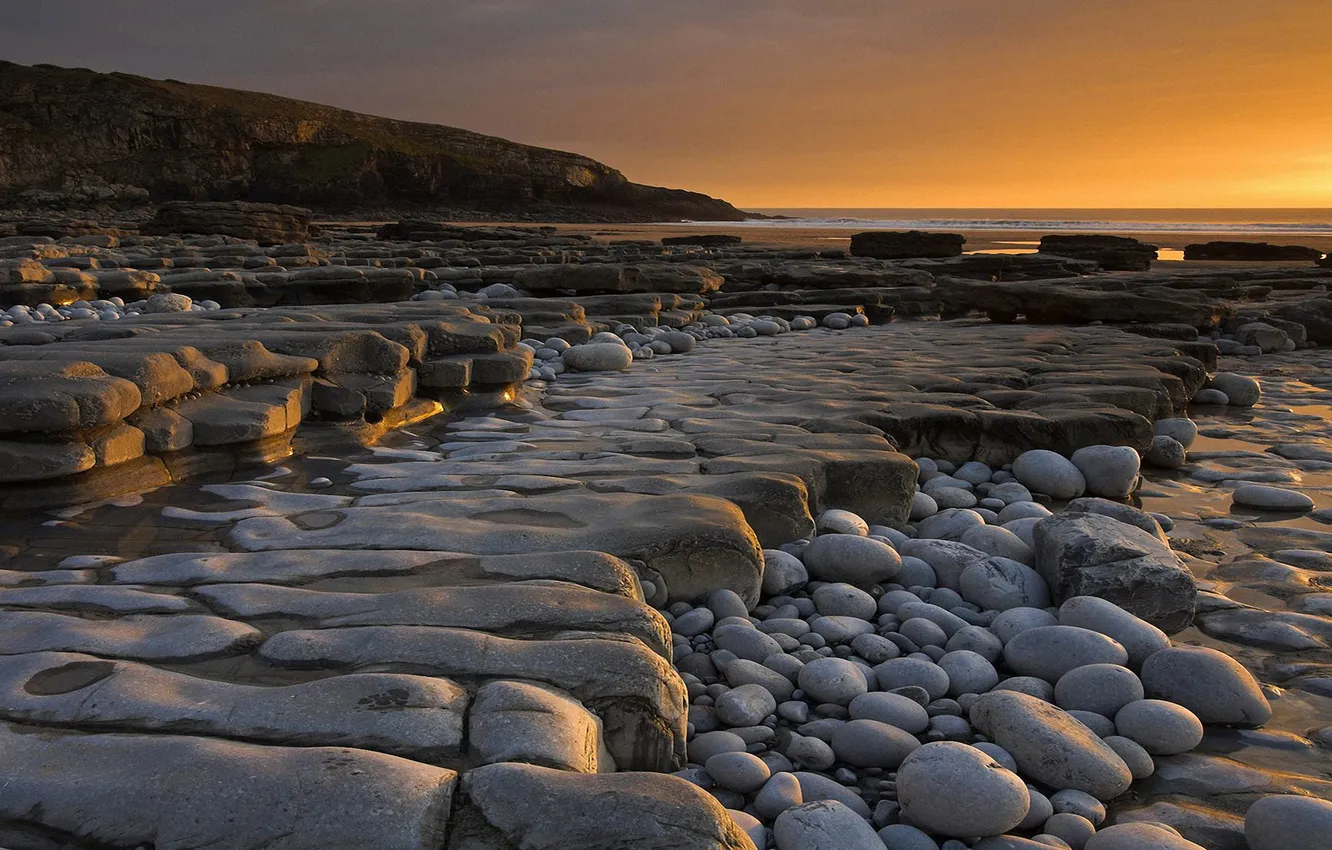 Photo wallpaper sea, sunset, stones, shore, the evening, plateau