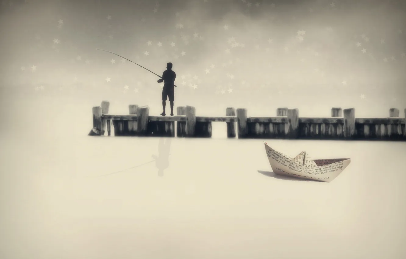 Photo wallpaper landscape, bridge, fisherman, boat, installation