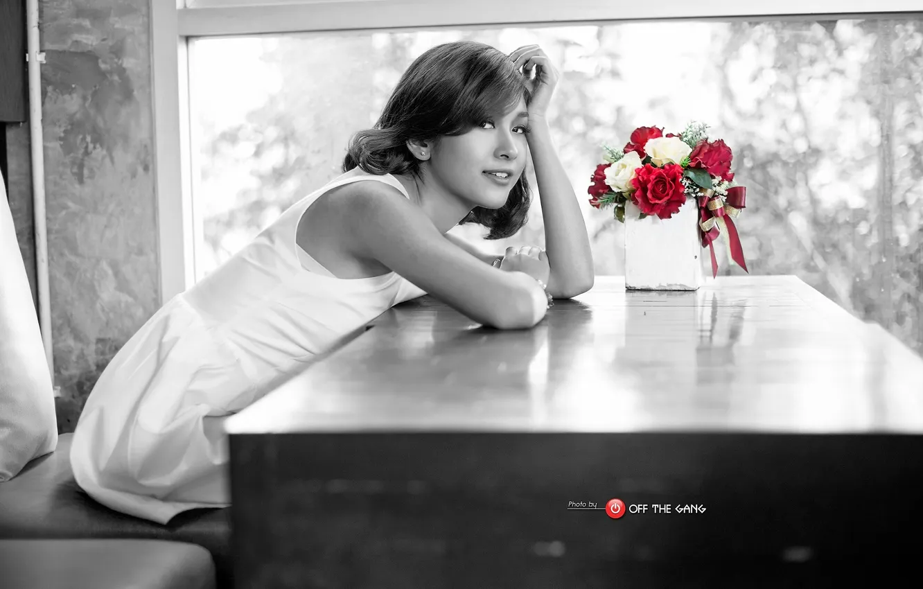 Photo wallpaper look, girl, flowers, sexy, beauty, b/W, window, lips