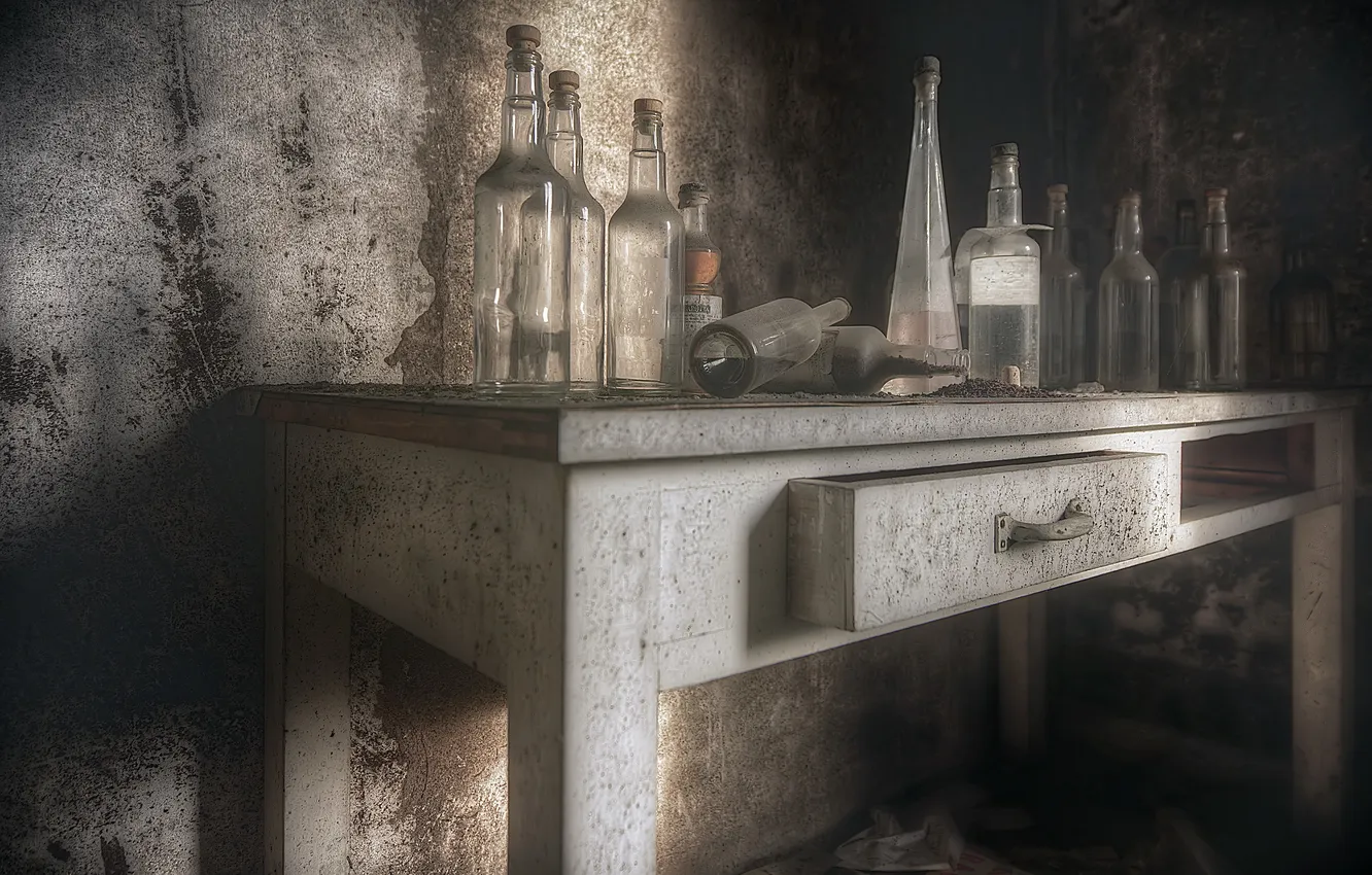 Photo wallpaper table, room, bottle