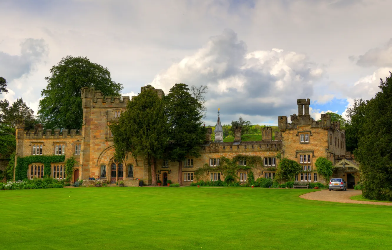 Photo wallpaper clouds, trees, lawn, UK, the monastery, hall, Bolton Abbey
