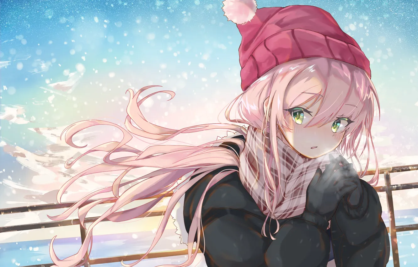 Photo wallpaper the wind, hat, girl, pink hair