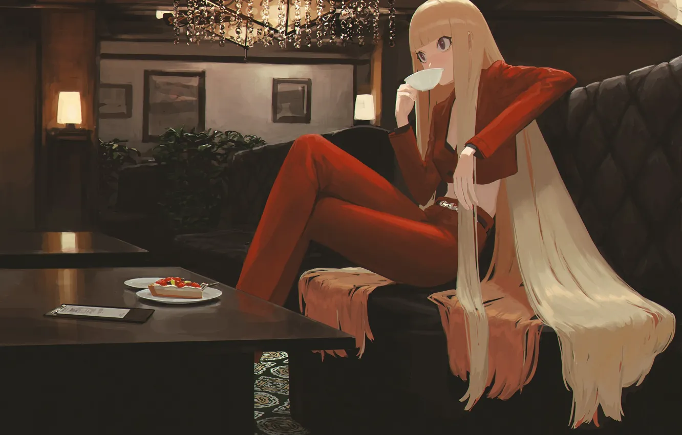 Photo wallpaper girl, tea, pie, long hair