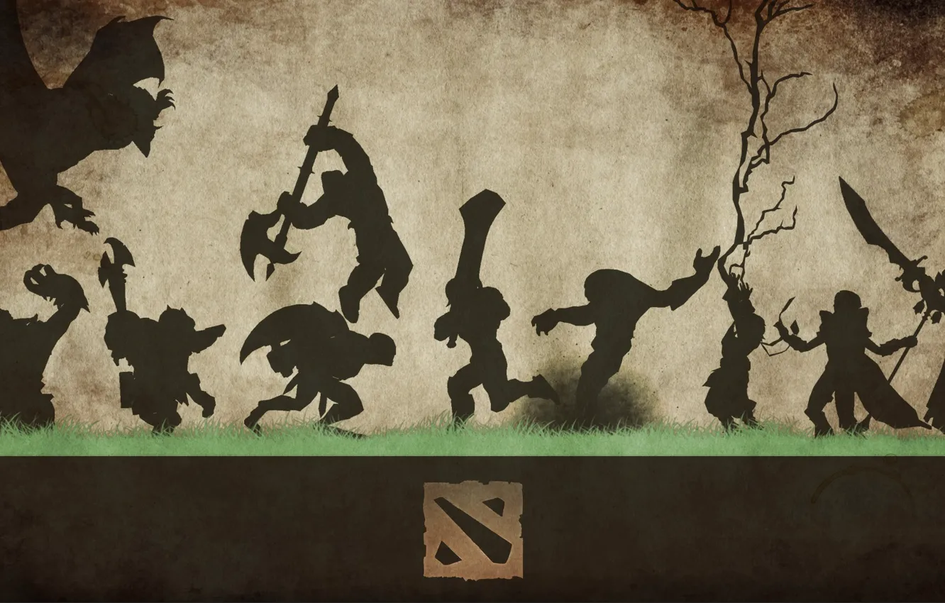 Photo wallpaper grass, weapons, background, figure, silhouette, logo, characters, dota 2
