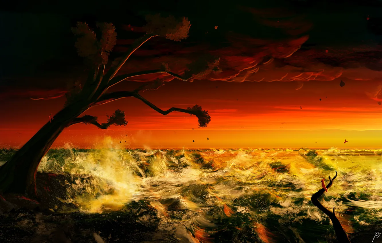 Photo wallpaper Sunset, The ocean, Sea, Tree, Figure, Wave, Storm, Fantasy