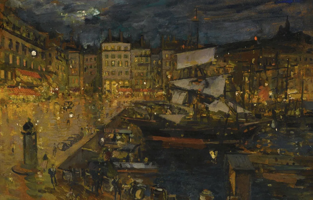 Photo wallpaper night, lights, ship, home, picture, pier, sail, promenade