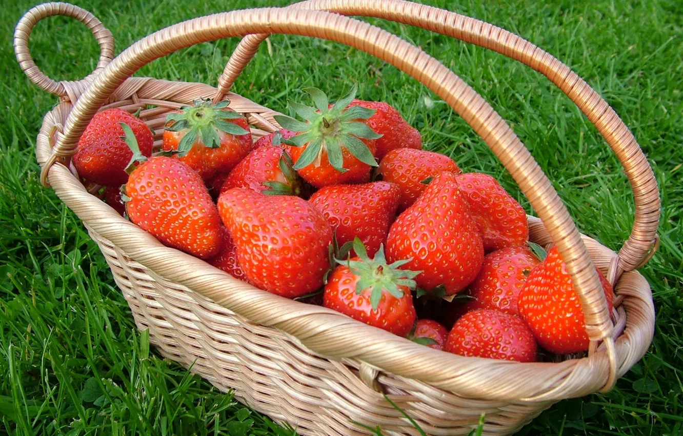 Photo wallpaper grass, strawberry, basket