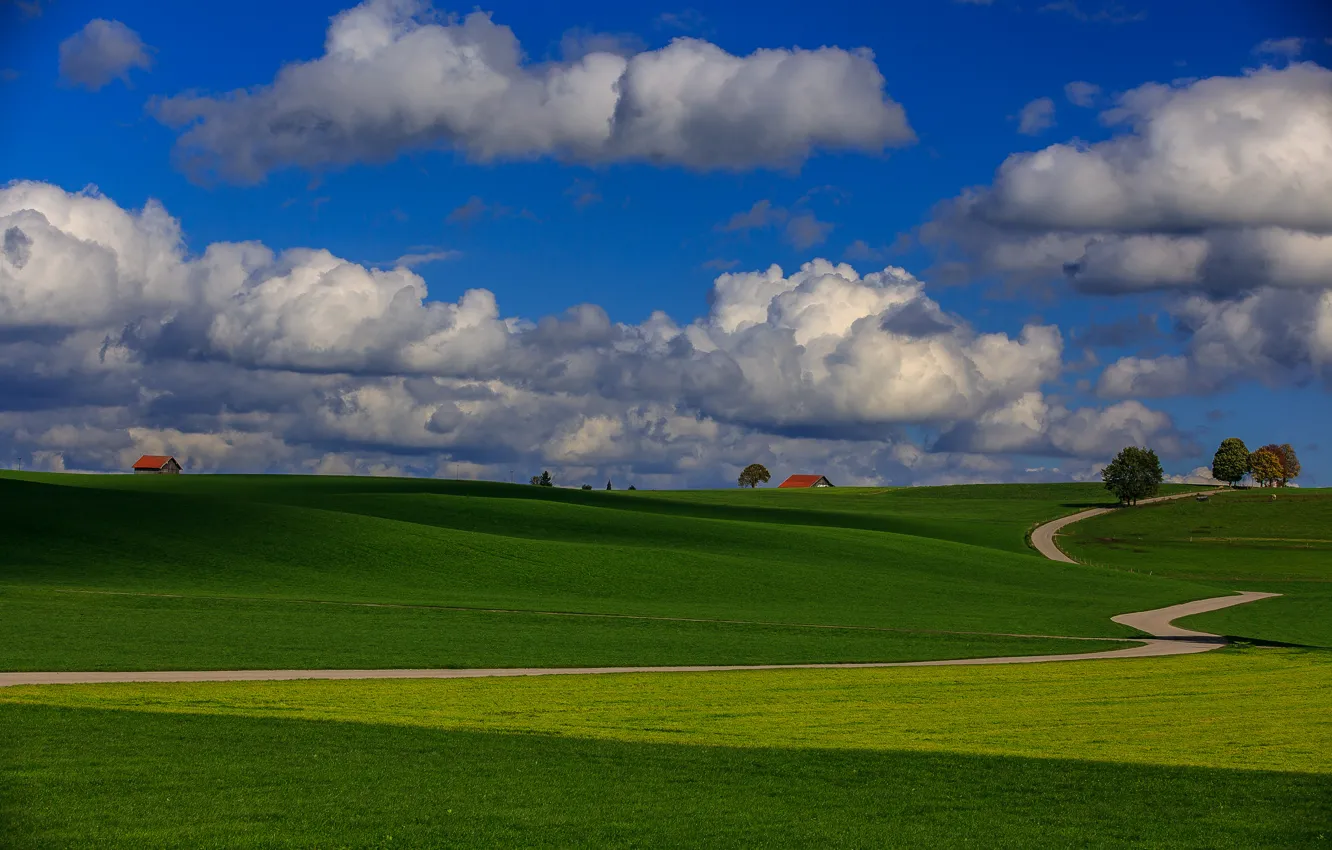 Photo wallpaper road, field, the sky, grass, clouds, trees, hills, home