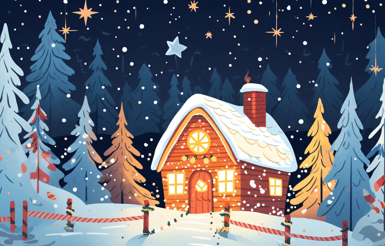 Photo wallpaper winter, snow, holiday, graphics, tree, new year, home, Christmas