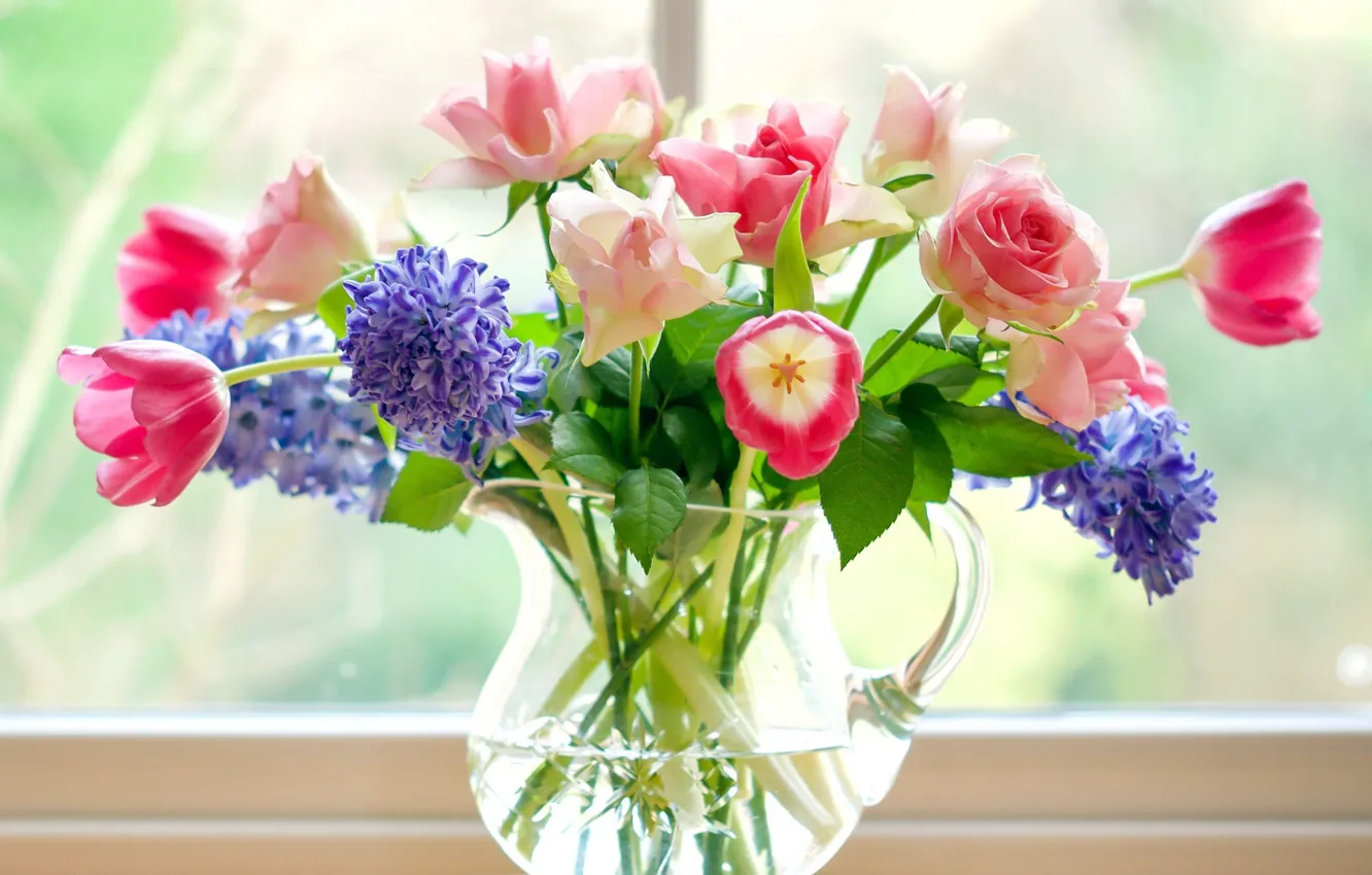 Photo wallpaper bouquet, window, tulips, vase