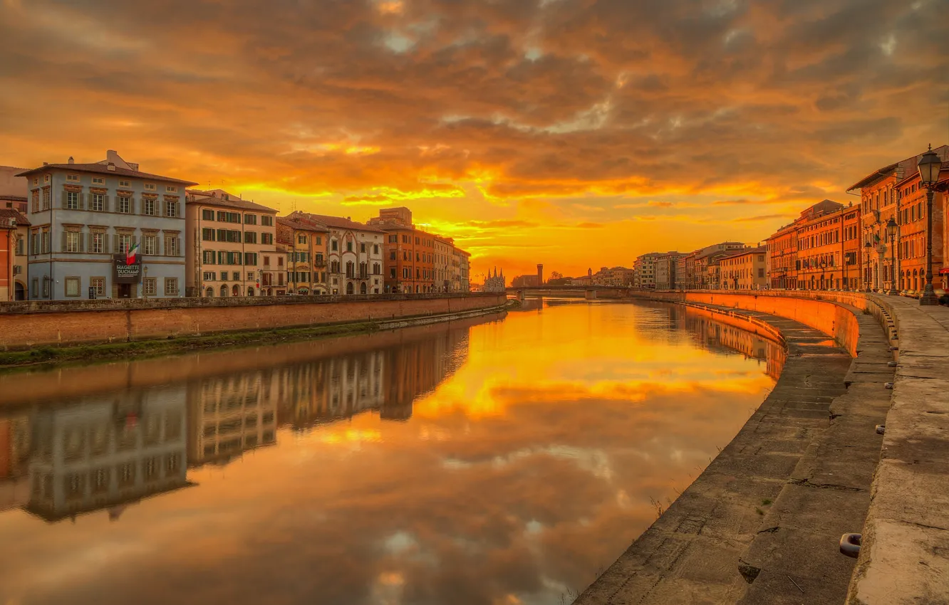 Photo wallpaper sunset, river, home, Italy, glow, Pisa, Arno