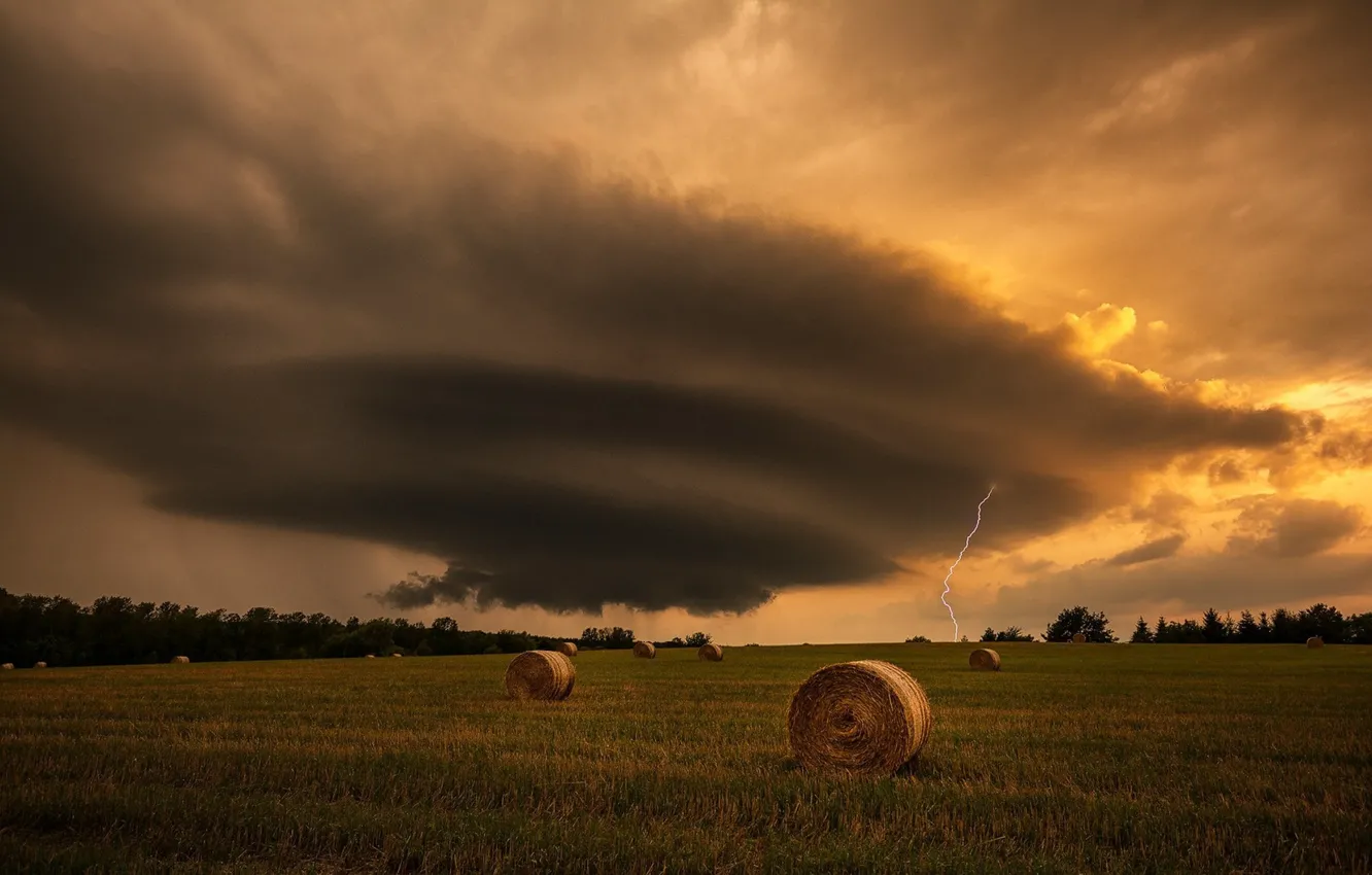 Photo wallpaper field, landscape, clouds, nature, lightning, beauty, Hay bale