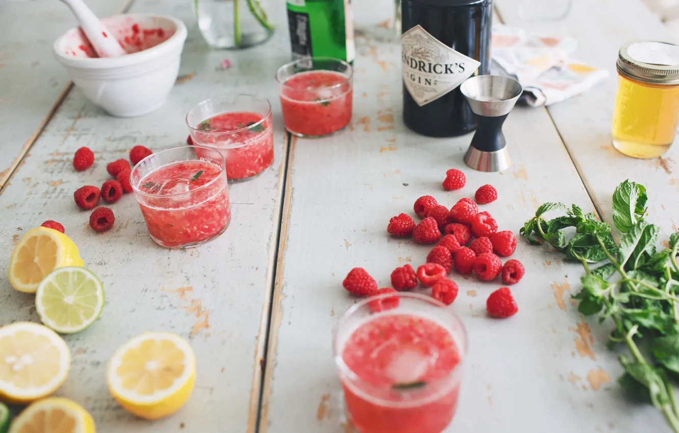 Photo wallpaper drink, lemons, raspberries, Gin