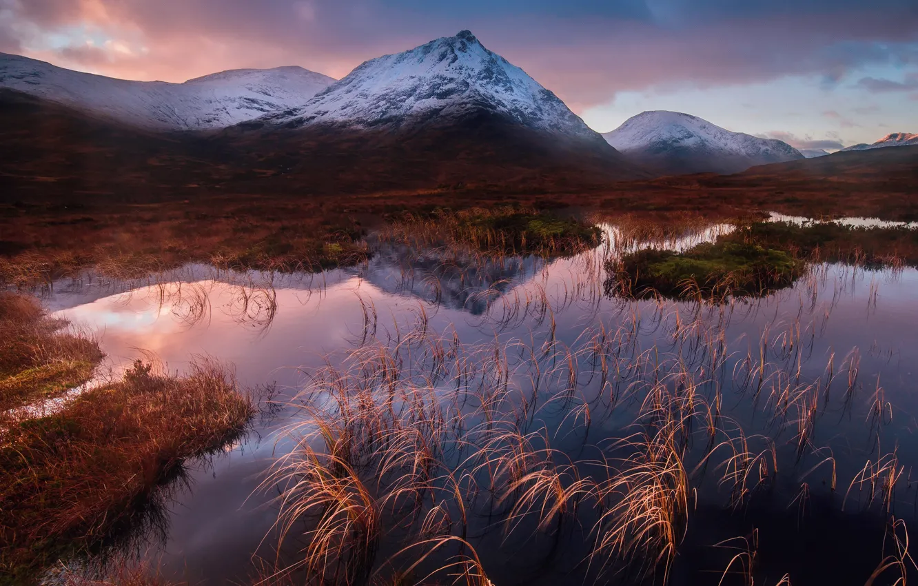 Photo wallpaper winter, the sky, grass, clouds, mountains, the evening, Scotland, lake