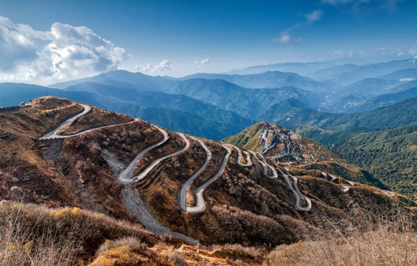 Photo wallpaper road, mountains, slope, curves