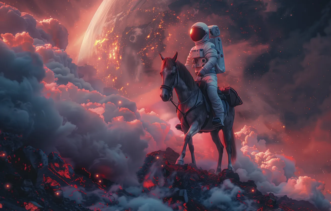 Photo wallpaper style, Neon, horse, outer space, riding, Spaceman