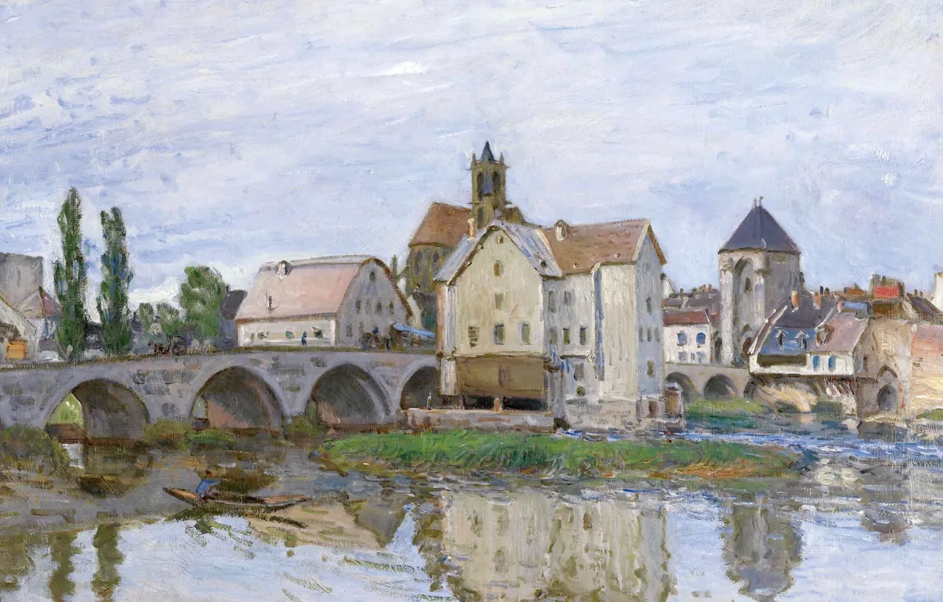 Photo wallpaper bridge, house, river, picture, the urban landscape, Alfred Sisley, Alfred Sisley, Moret-sur-Loing. Cloudy Weather