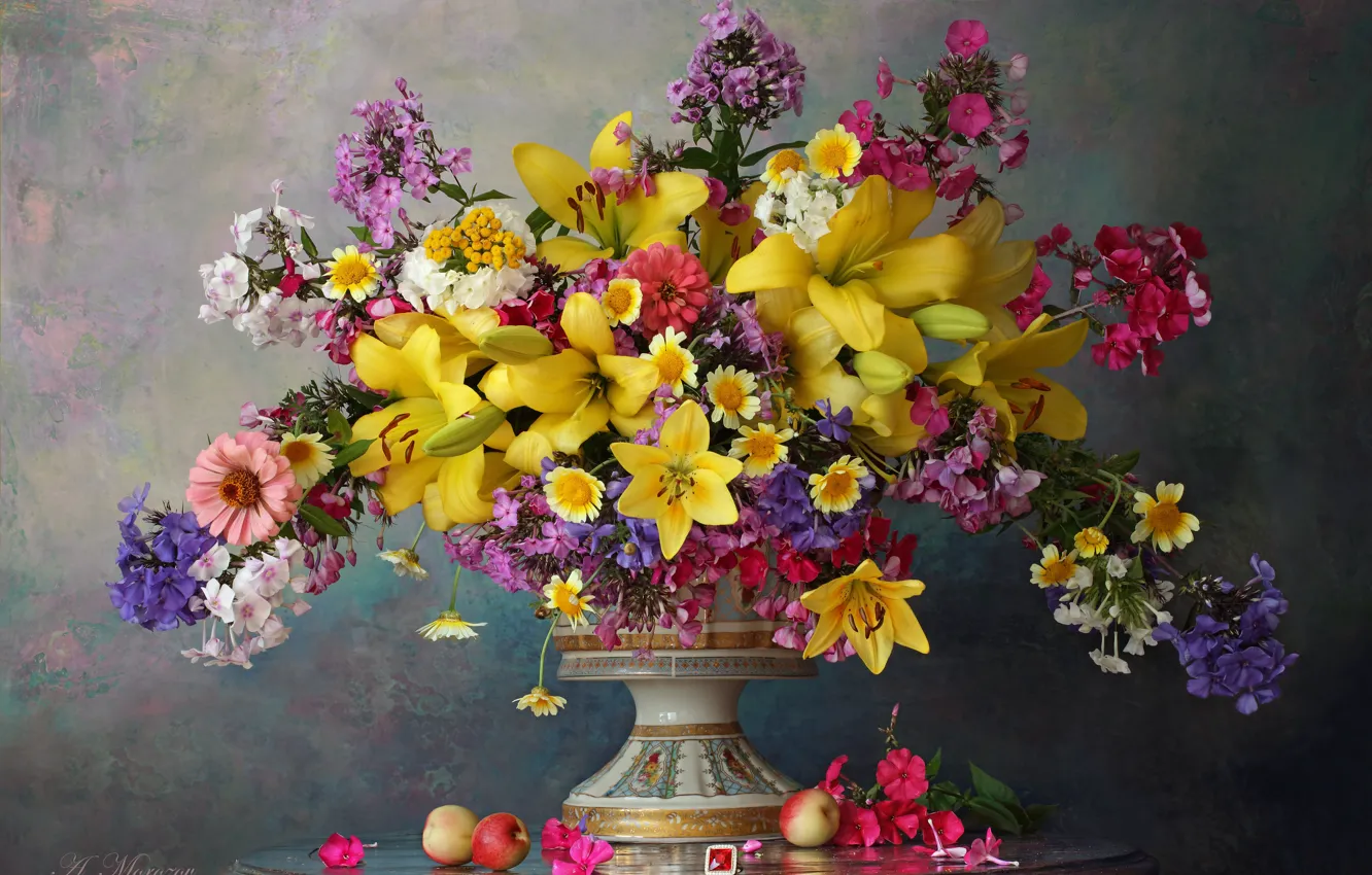 Photo wallpaper style, bouquet, vase, still life, Phlox, apples, Andrey Morozov, zinnias