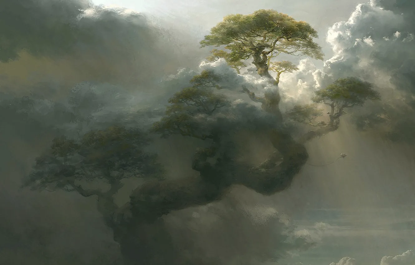 Photo wallpaper clouds, tree, height, art, giant